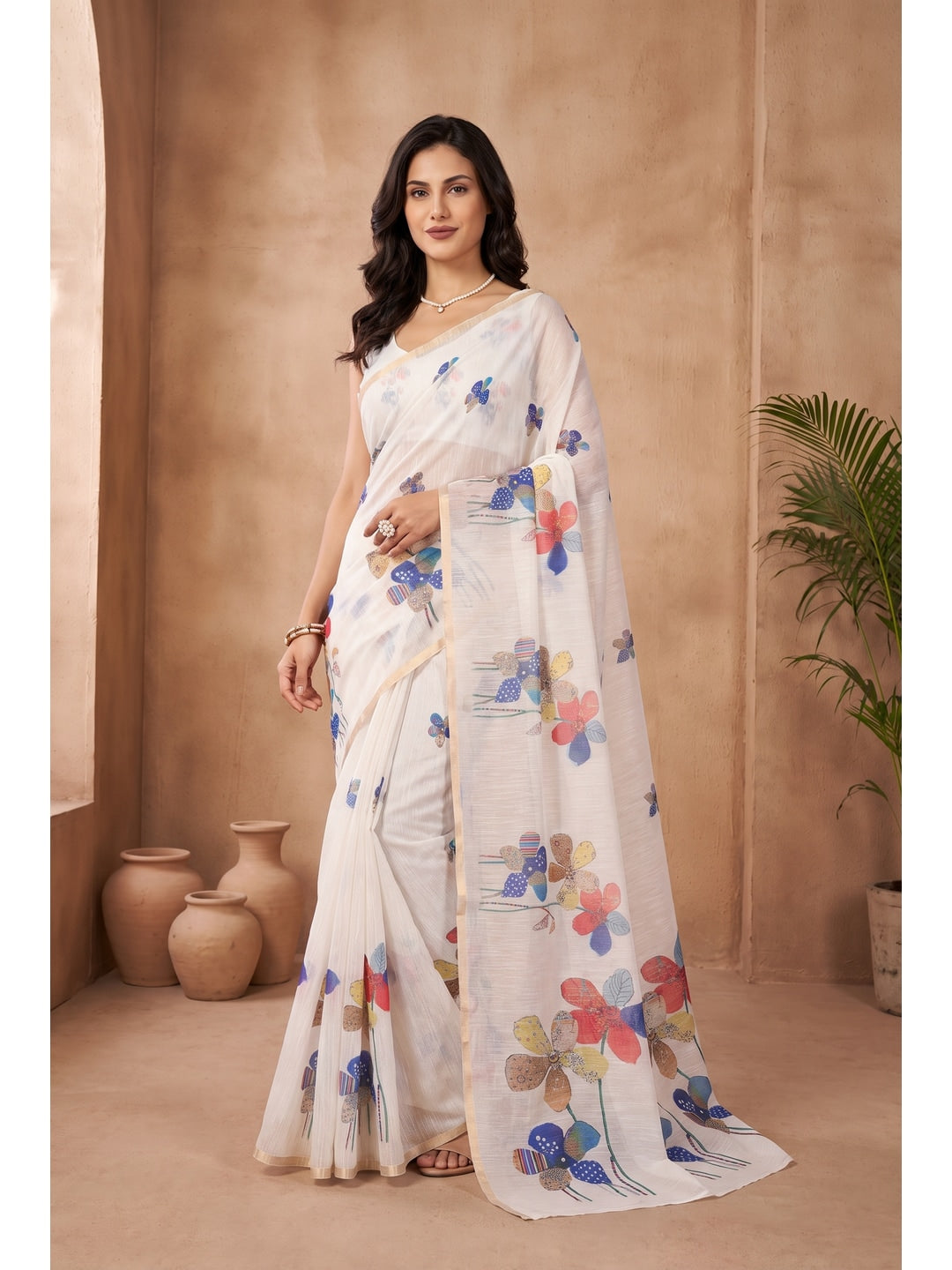 Peachmode White Floral Digital Print Linen Saree - Image 1