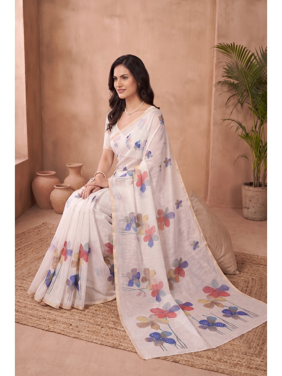 Peachmode White Floral Digital Print Linen Saree - Image 2