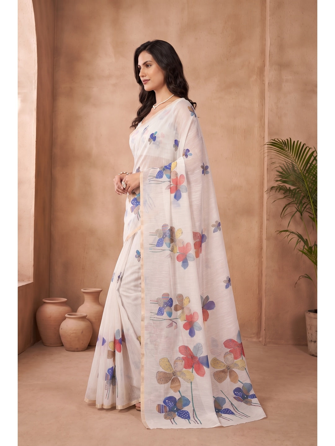 Peachmode White Floral Digital Print Linen Saree - Image 3