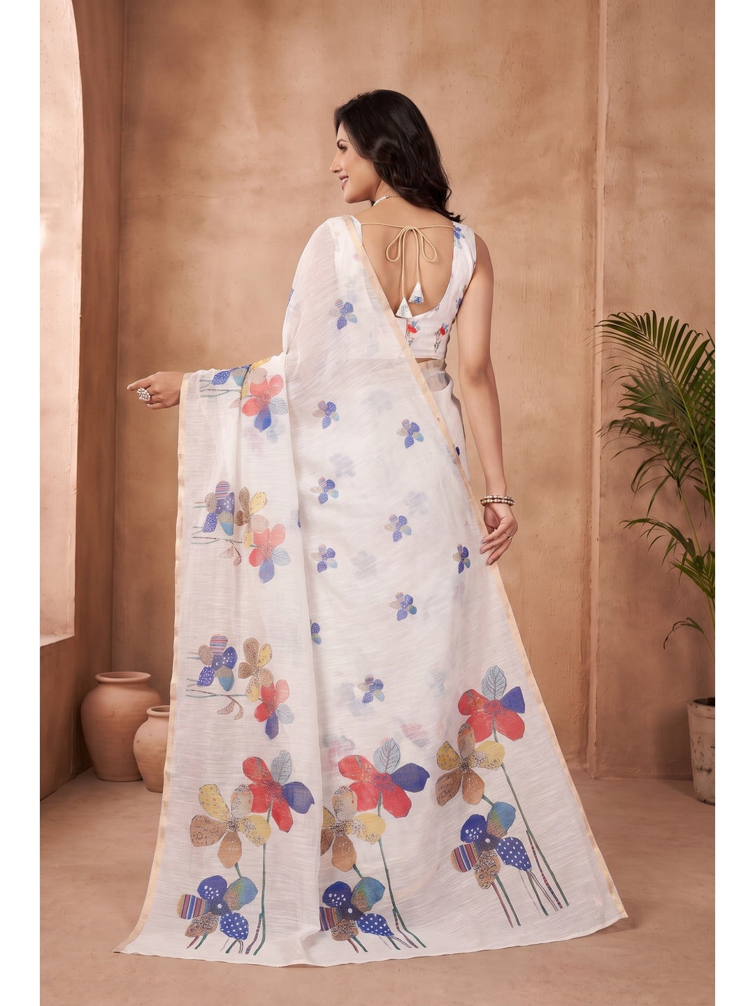 Peachmode White Floral Digital Print Linen Saree - Image 4