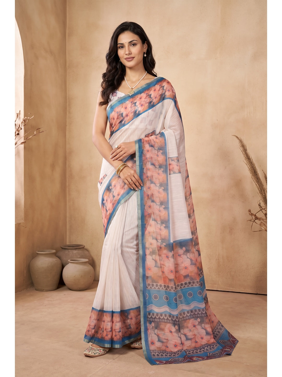 Peachmode White and Sky Blue Floral Digital Print Linen Saree - Image 1