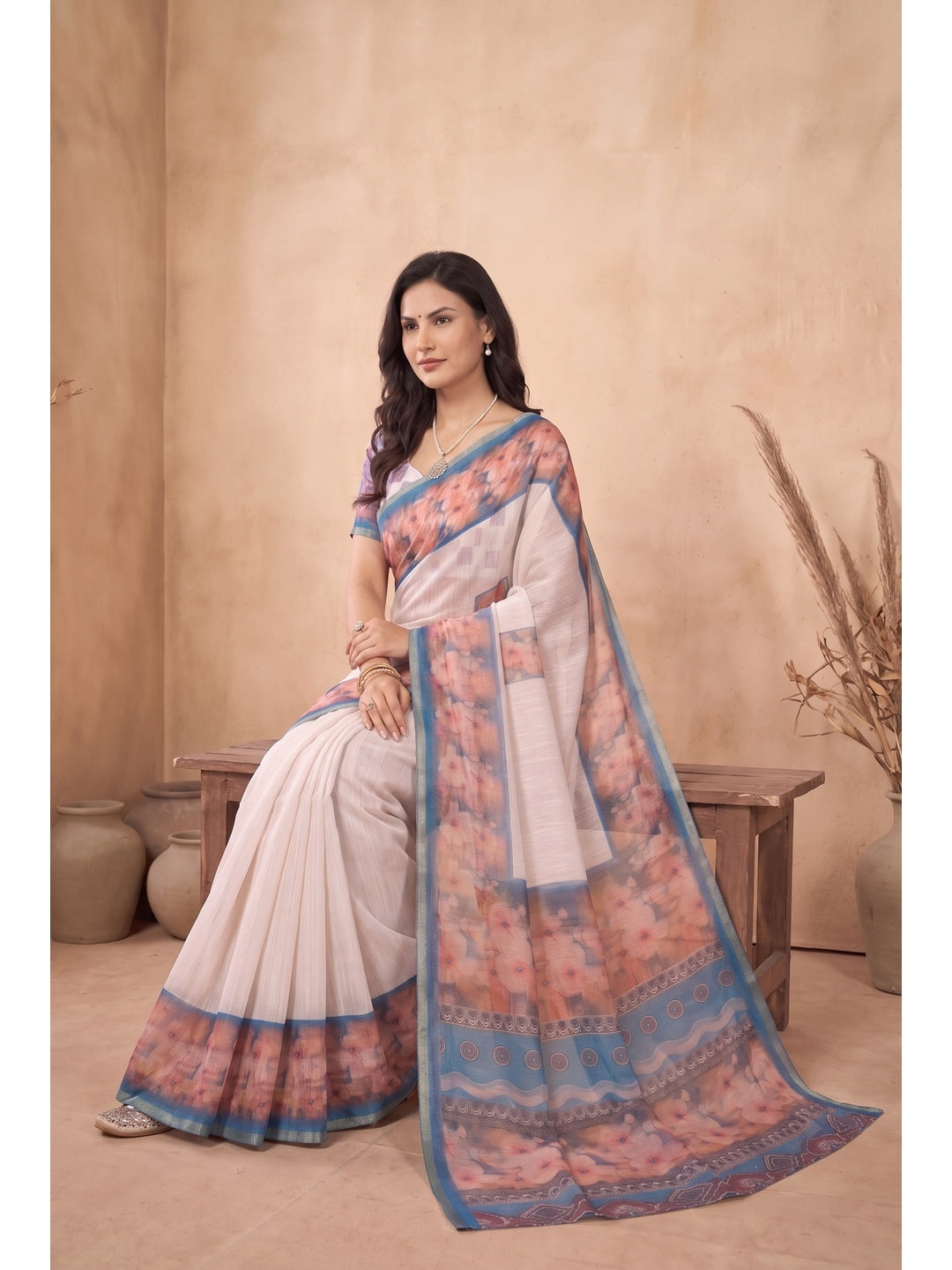 Peachmode White and Sky Blue Floral Digital Print Linen Saree - Image 2