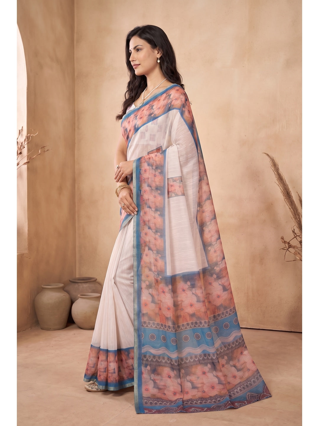 Peachmode White and Sky Blue Floral Digital Print Linen Saree - Image 3