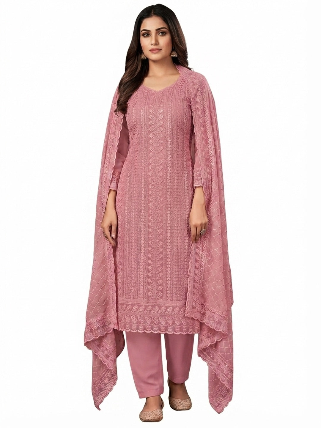 Dusty Pink Lucknowi Embroidered Georgette Dress Material - Flat lay