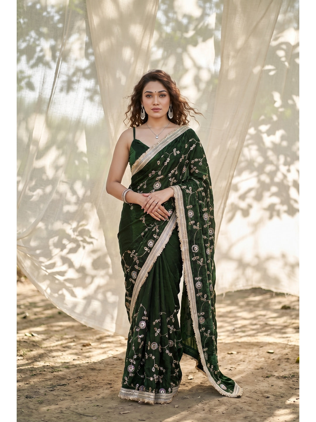 Peachmode Green Embroidered Satin Saree - Image 1