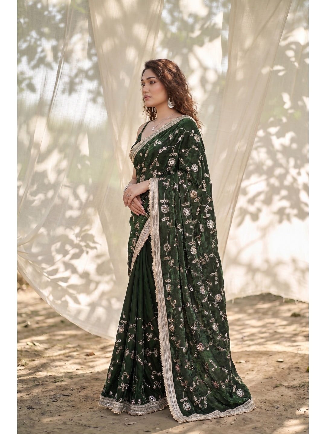 Peachmode Green Embroidered Satin Saree - Image 2