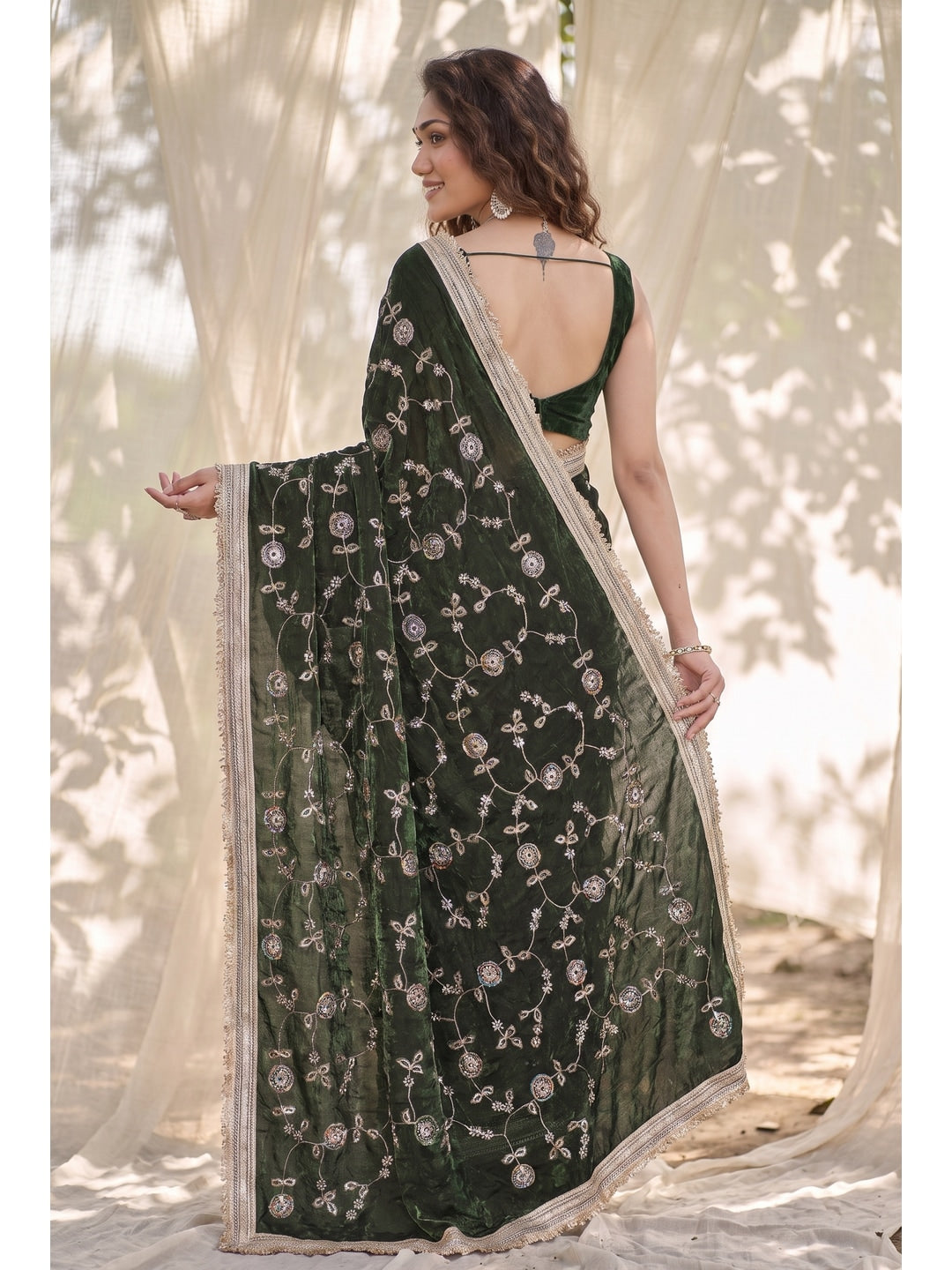 Peachmode Green Embroidered Satin Saree - Image 4