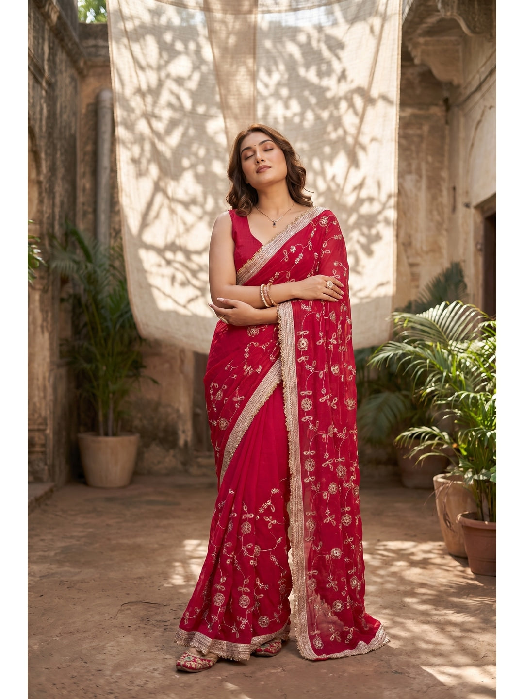 Peachmode Pink Embroidered Satin Saree - Image 1