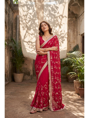 Peachmode Pink Embroidered Satin Saree - Image 1