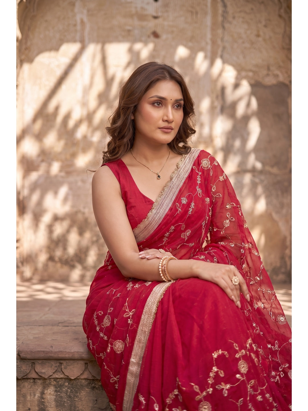 Peachmode Pink Embroidered Satin Saree - Image 4