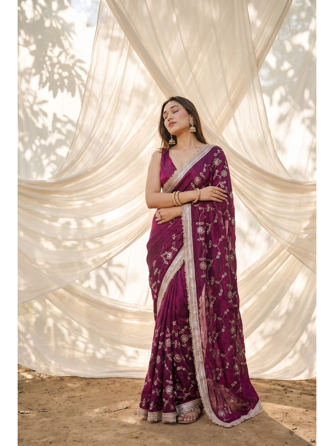 Peachmode Purple Embroidered Satin Saree - Image 1