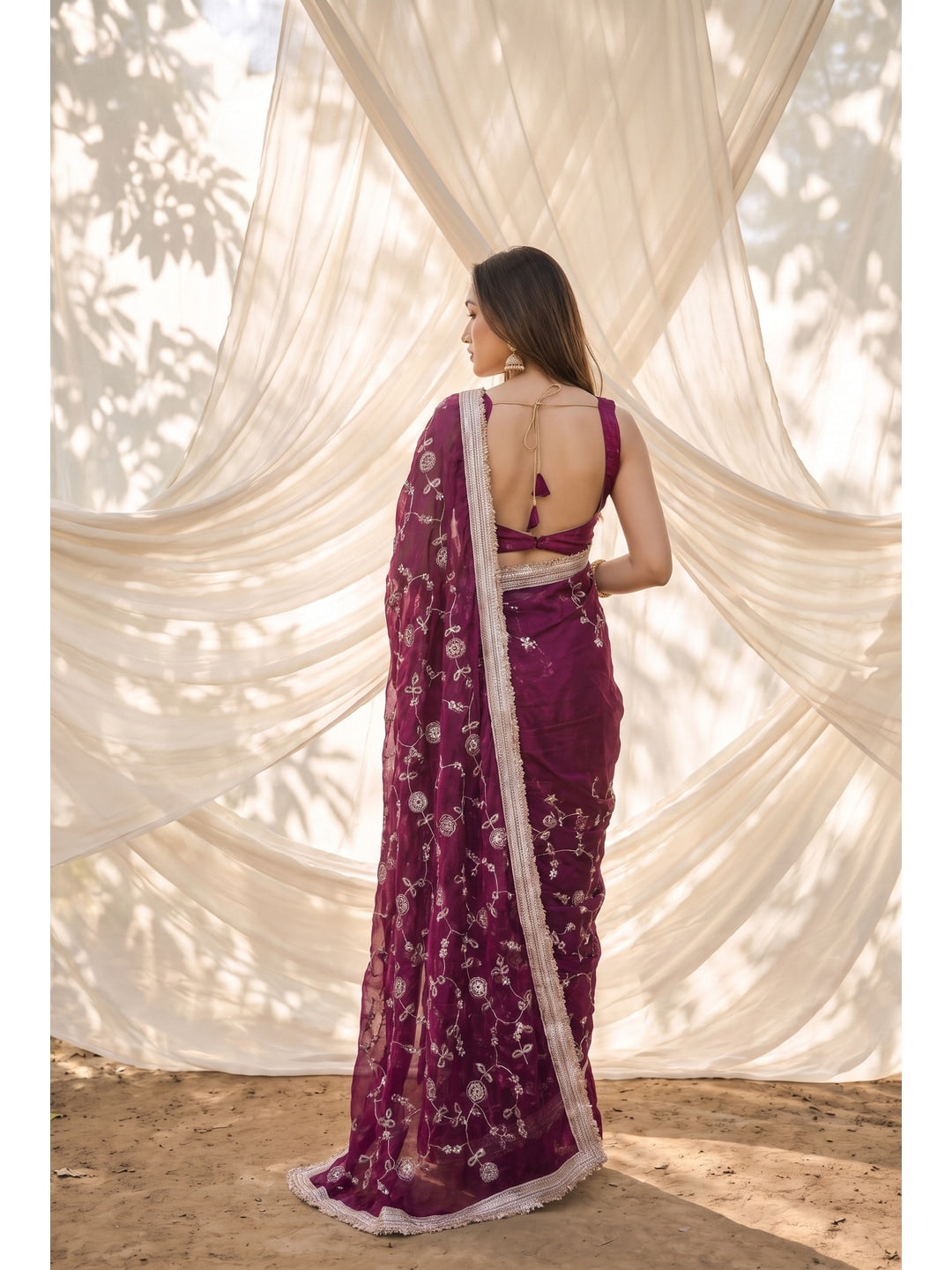 Peachmode Purple Embroidered Satin Saree - Image 2