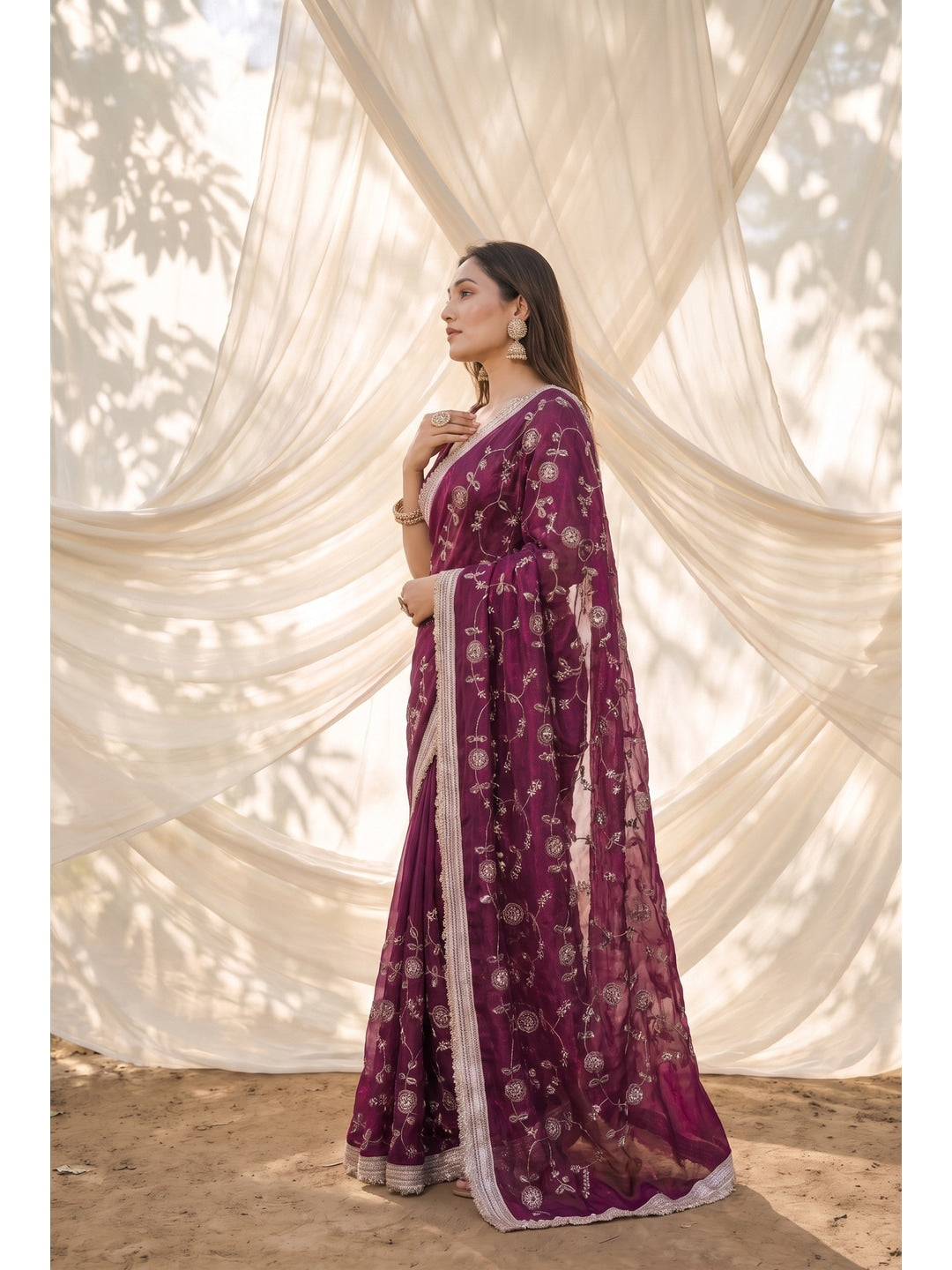 Peachmode Purple Embroidered Satin Saree - Image 3