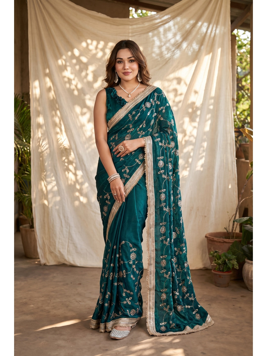 Peachmode Rama Green Embroidered Satin Saree - Image 1