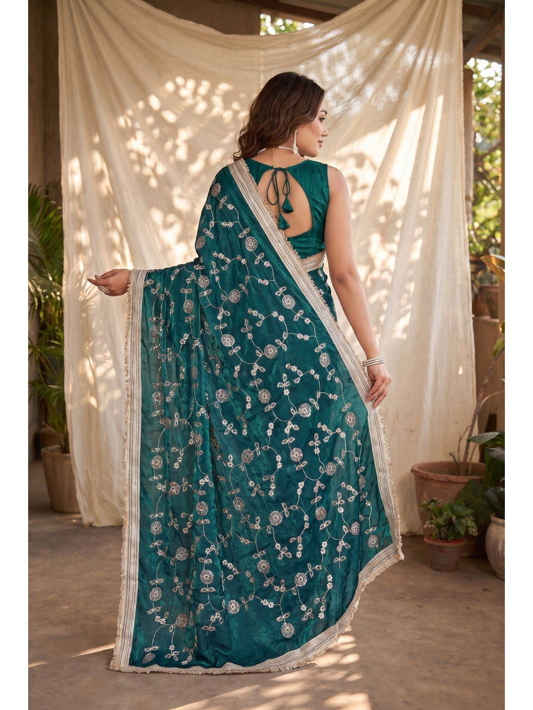 Peachmode Rama Green Embroidered Satin Saree - Image 2