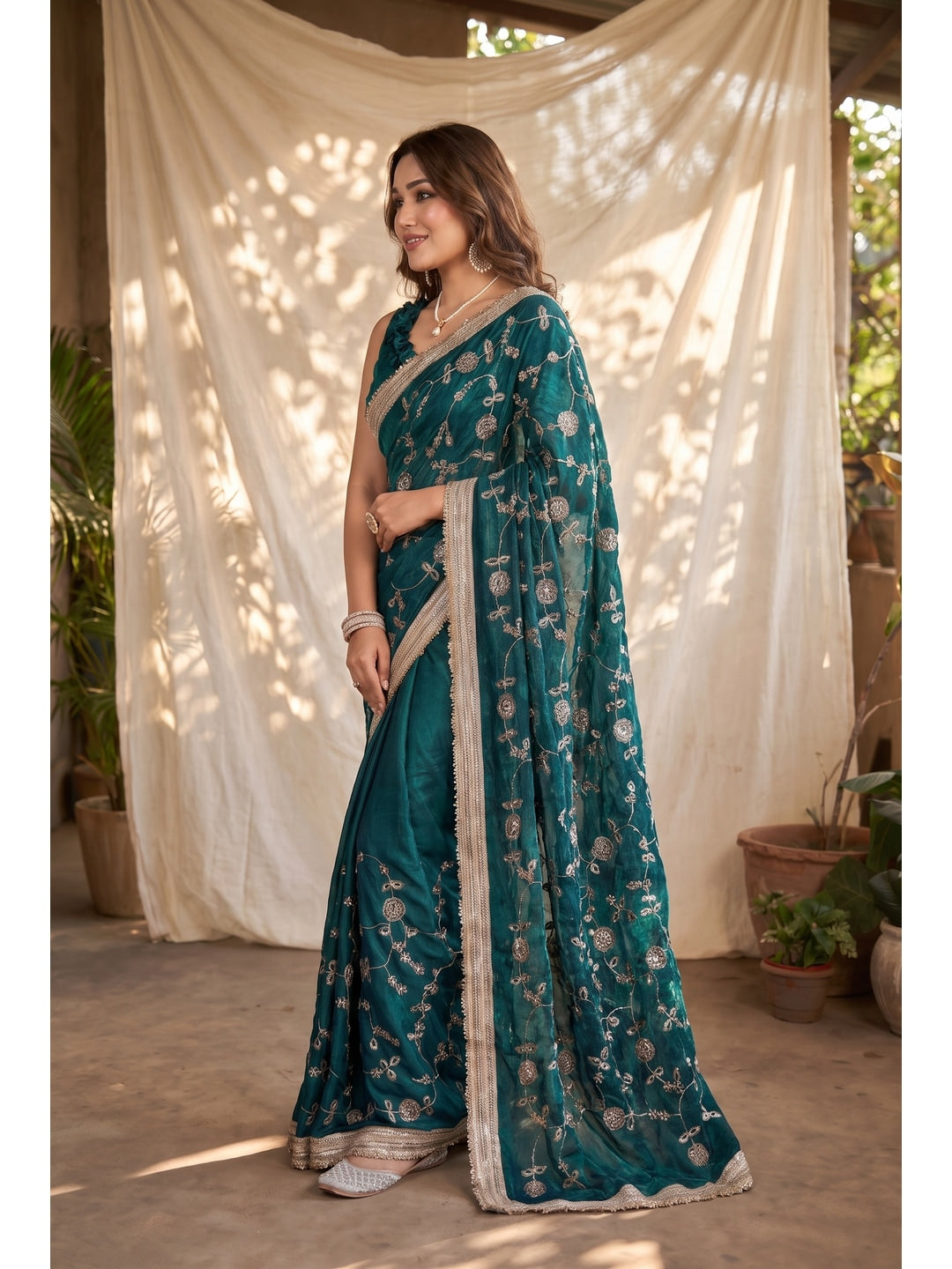 Peachmode Rama Green Embroidered Satin Saree - Image 3