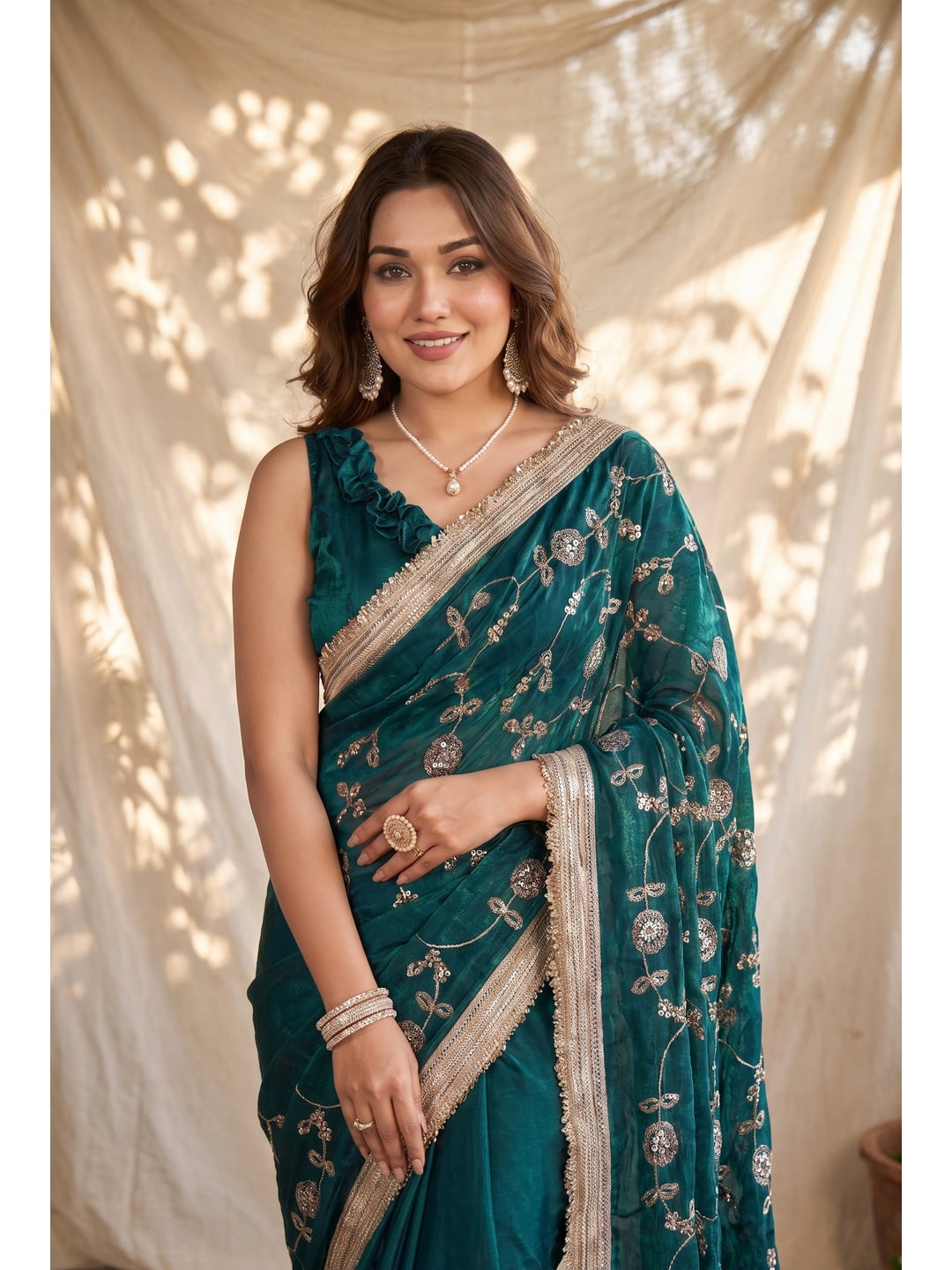 Peachmode Rama Green Embroidered Satin Saree - Image 4