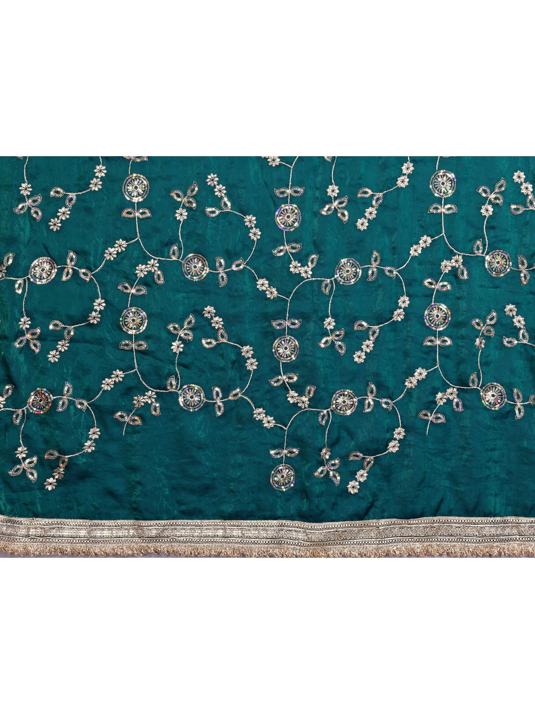 Peachmode Rama Green Embroidered Satin Saree - Image 5