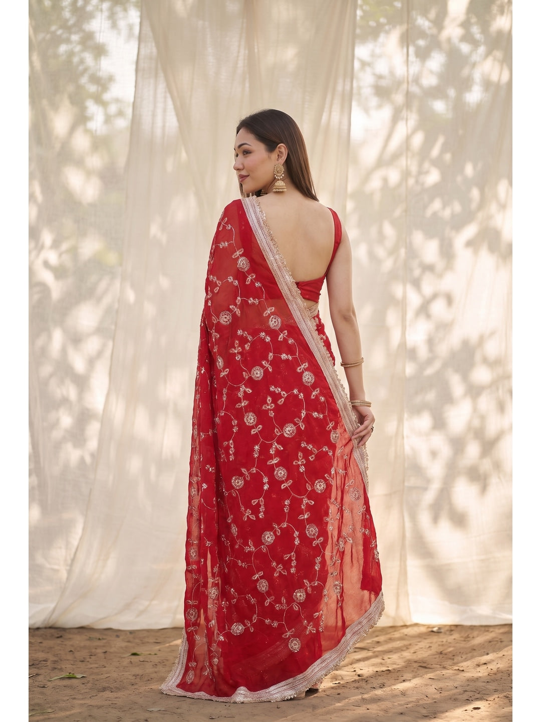 Peachmode Red Embroidered Satin Saree - Image 2