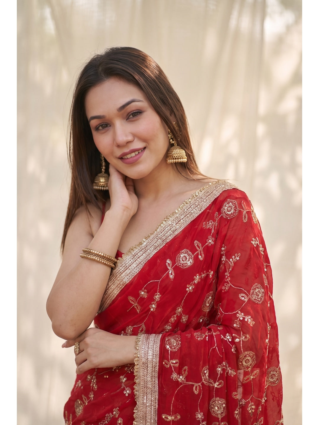 Peachmode Red Embroidered Satin Saree - Image 4