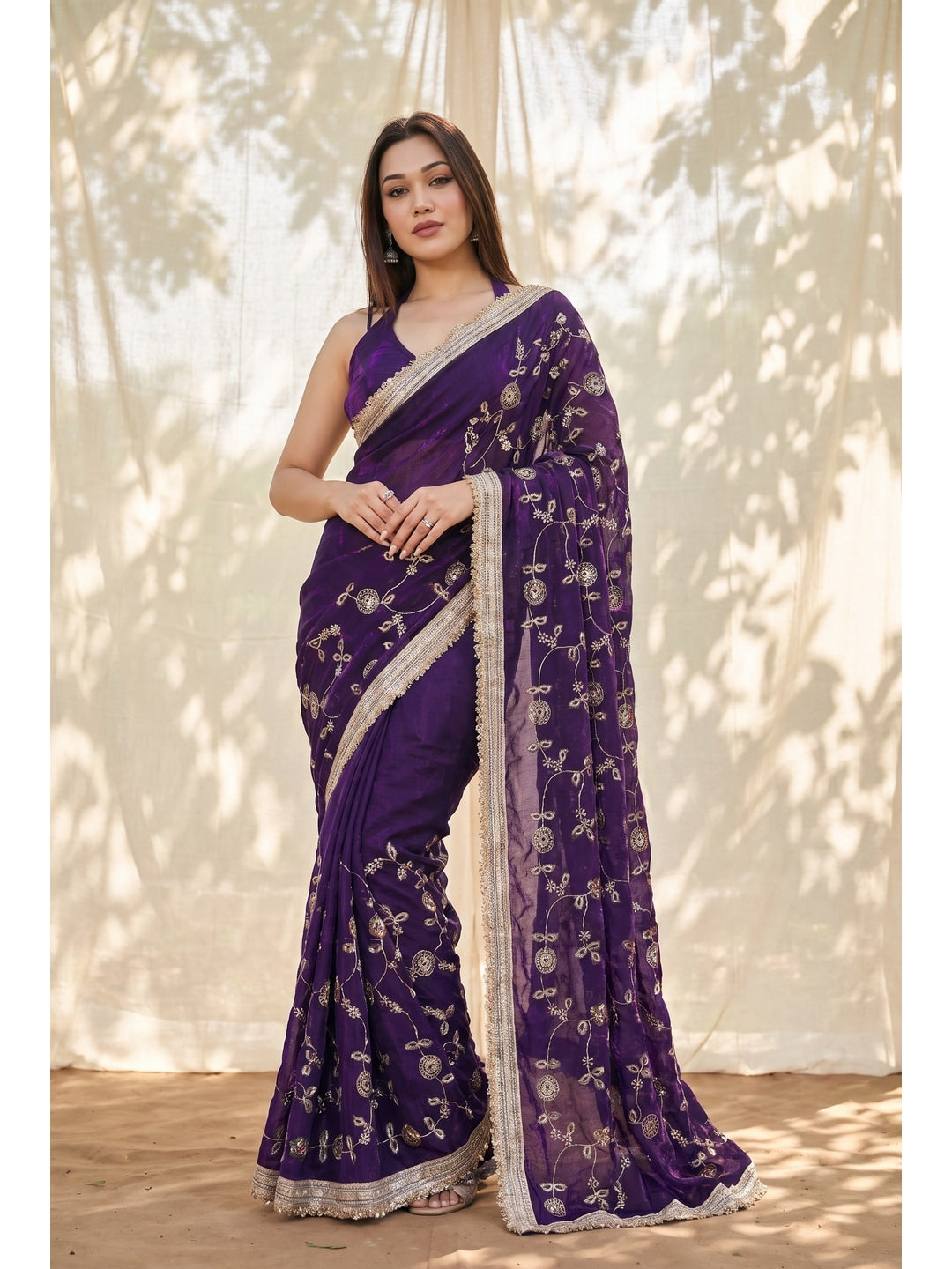Peachmode Wine Embroidered Satin Saree - Image 1