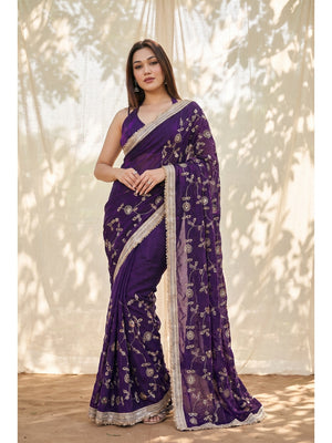 Peachmode Wine Embroidered Satin Saree - Image 1