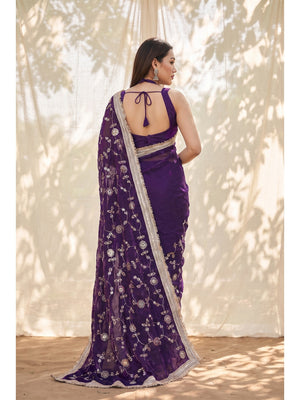Peachmode Wine Embroidered Satin Saree - Image 2