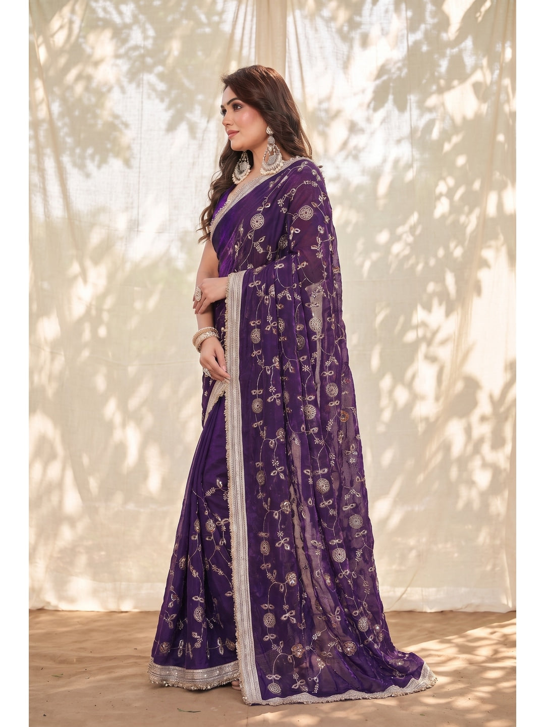 Peachmode Wine Embroidered Satin Saree - Image 3