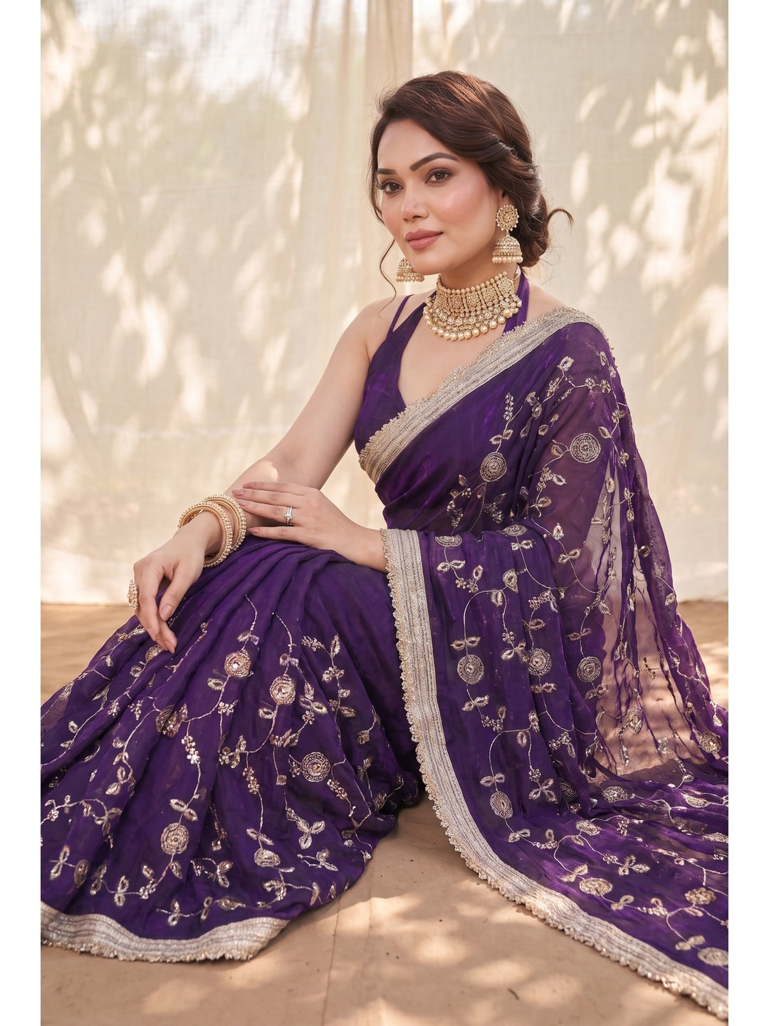 Peachmode Wine Embroidered Satin Saree - Image 4