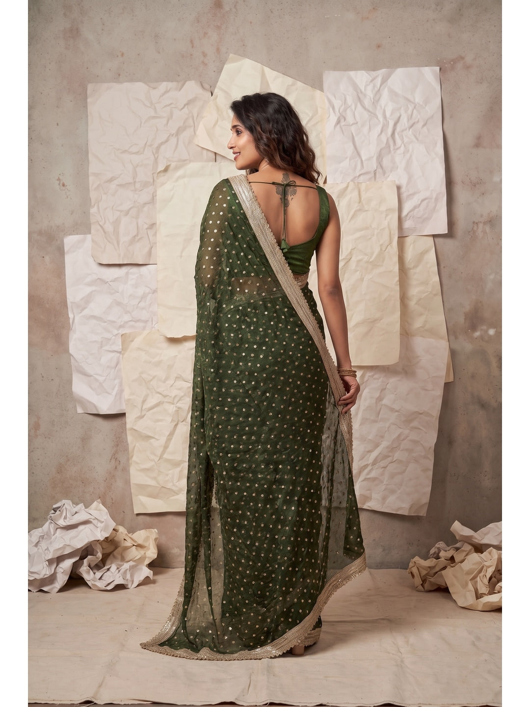 Peachmode Olive Foil Work Satin Saree - Image 2