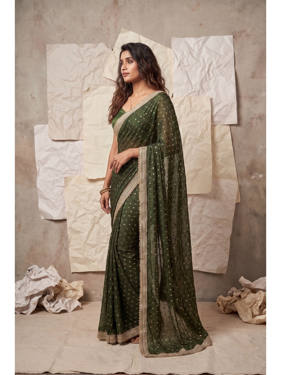 Peachmode Olive Foil Work Satin Saree - Image 3
