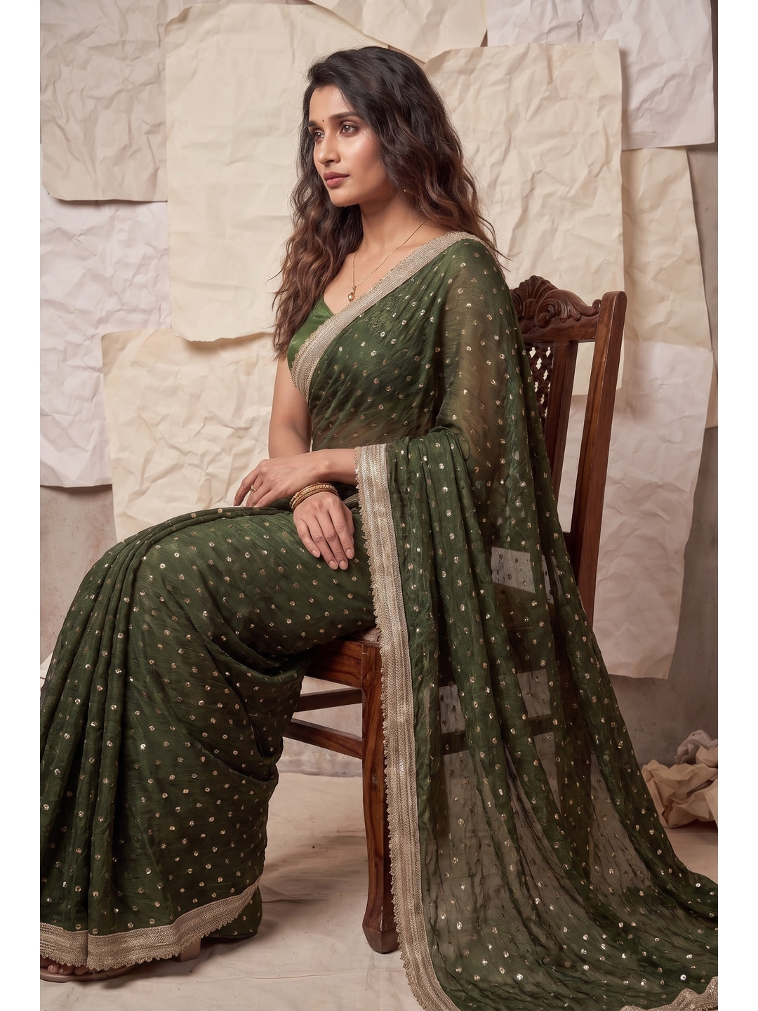 Peachmode Olive Foil Work Satin Saree - Image 4
