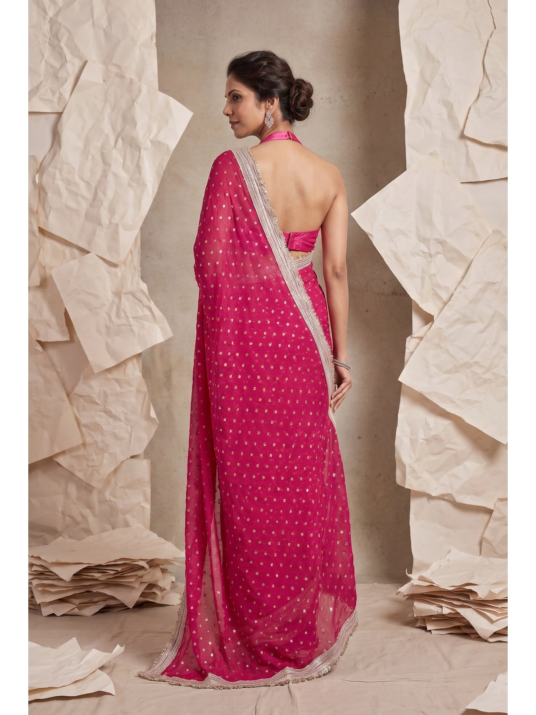 Peachmode Pink Foil Work Satin Saree - Image 2