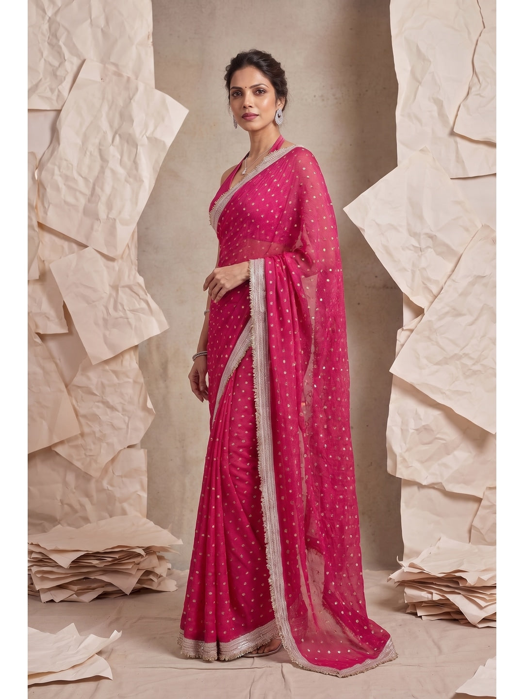 Peachmode Pink Foil Work Satin Saree - Image 3