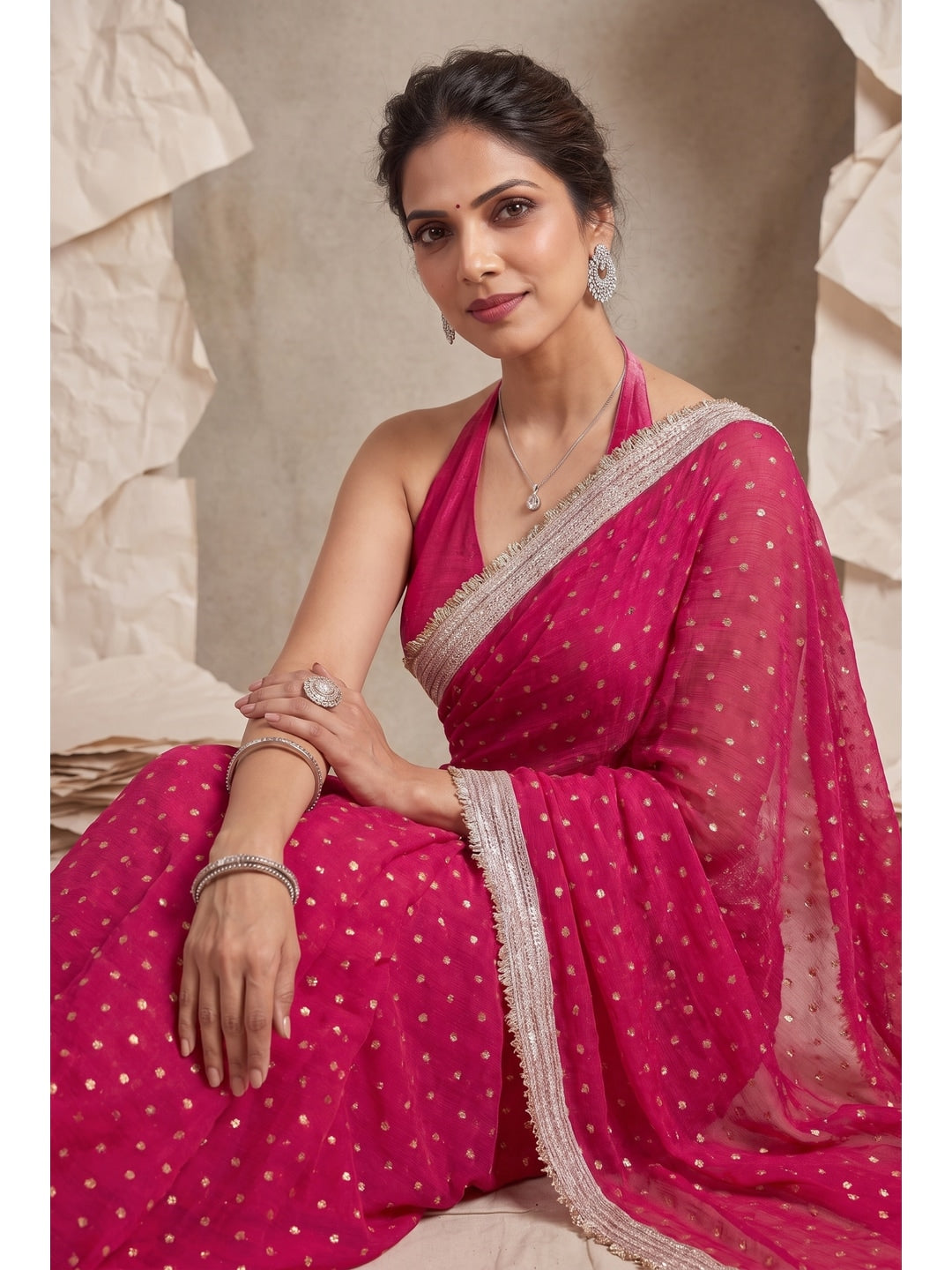 Peachmode Pink Foil Work Satin Saree - Image 4