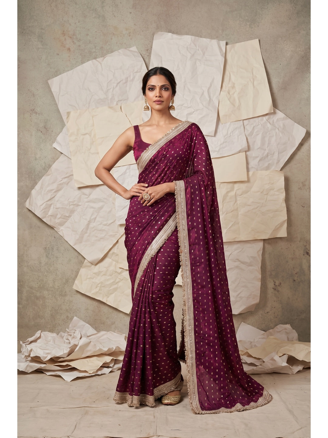 Peachmode Purple Foil Work Satin Saree - Image 1