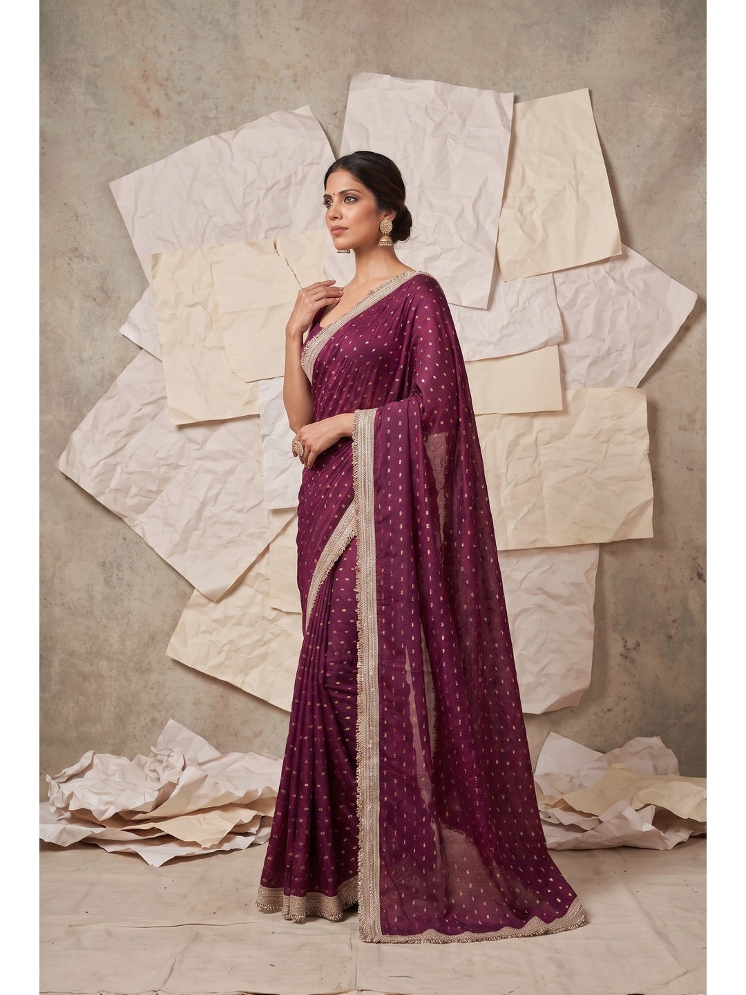 Peachmode Purple Foil Work Satin Saree - Image 2