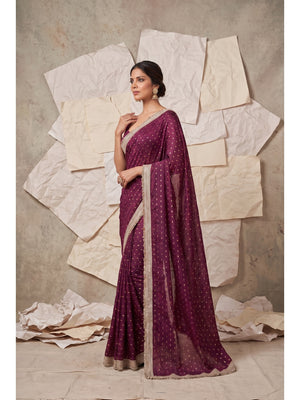 Peachmode Purple Foil Work Satin Saree - Image 2