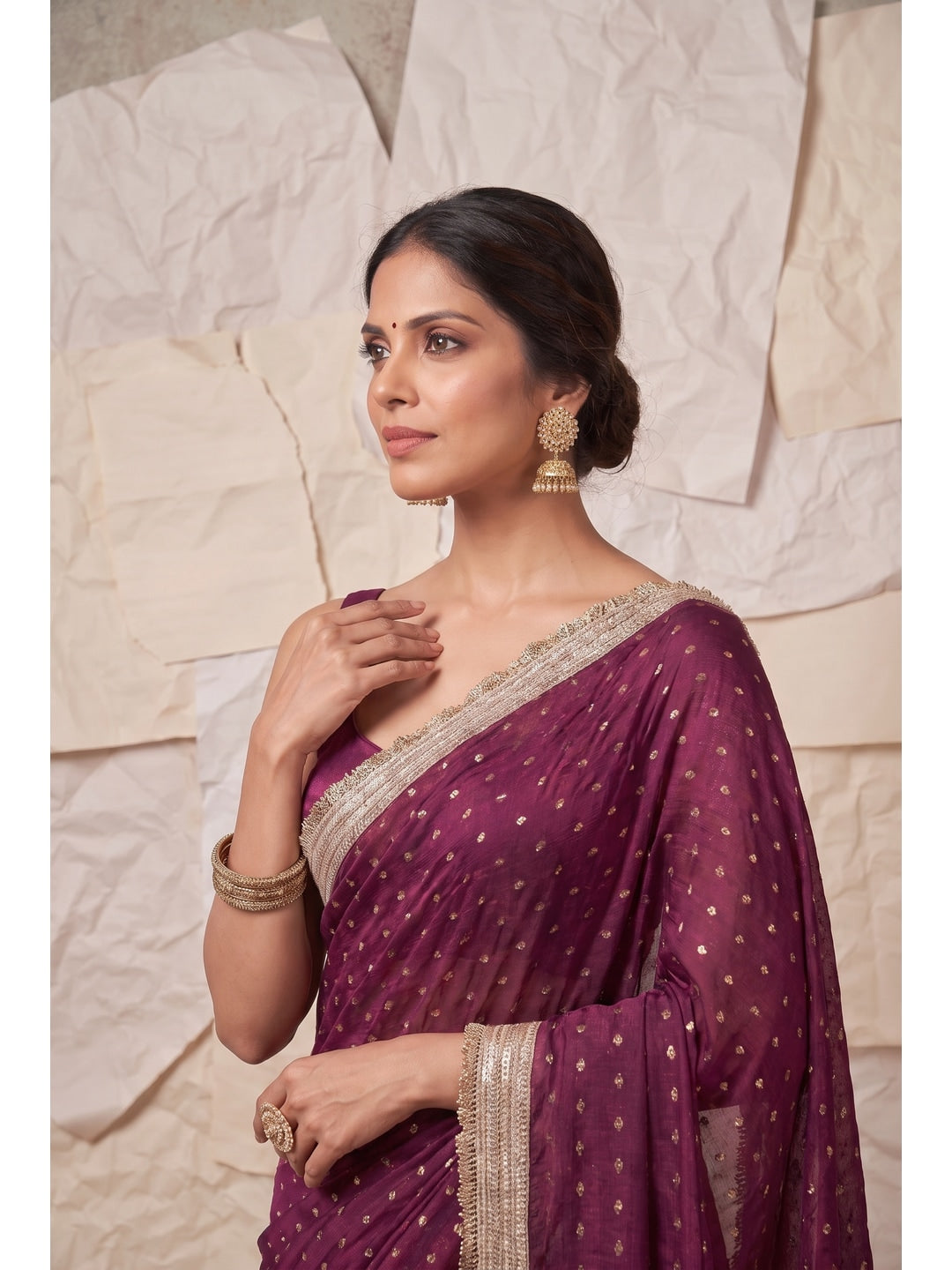 Peachmode Purple Foil Work Satin Saree - Image 4