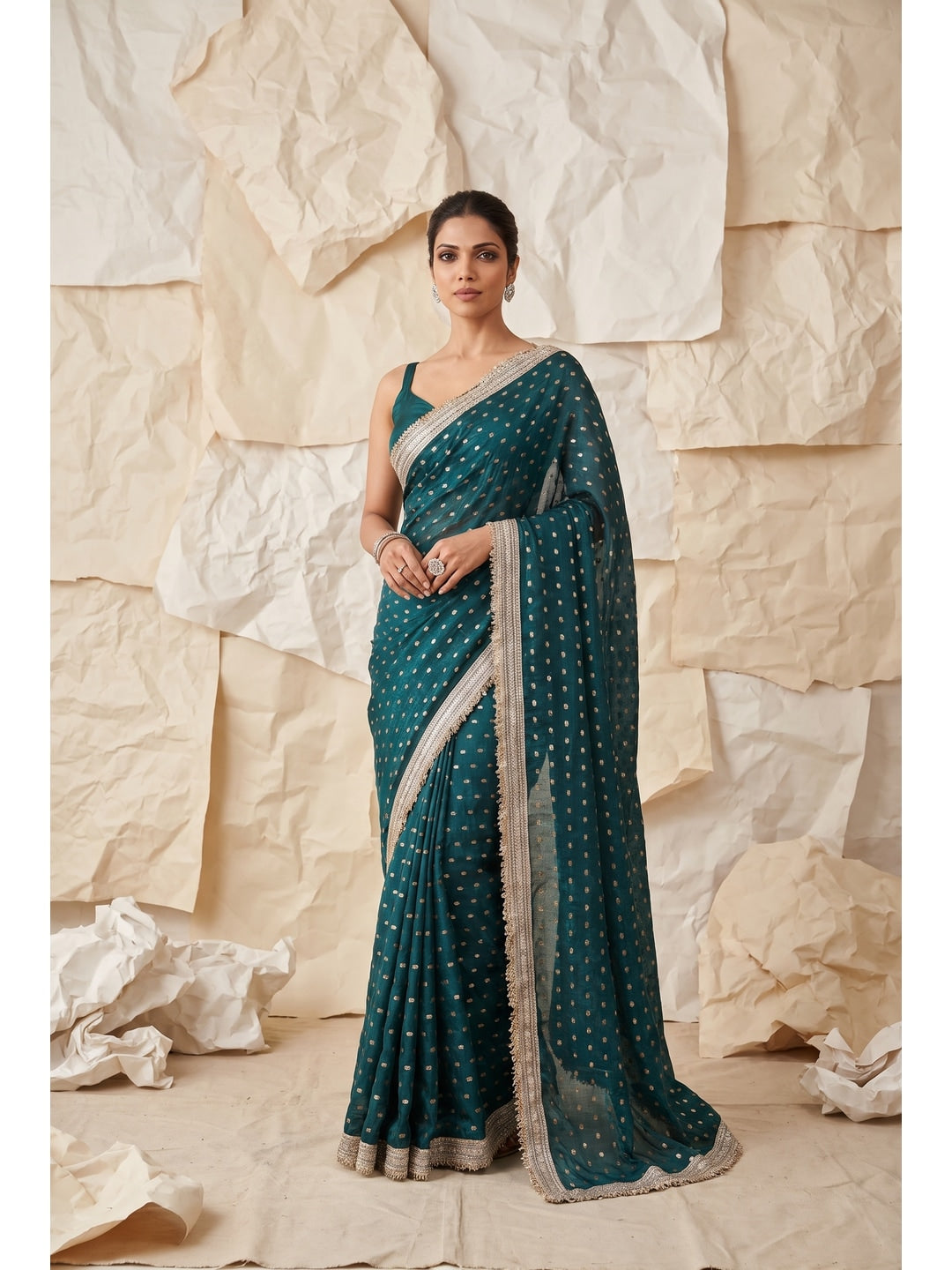 Peachmode Rama Green Foil Work Satin Saree - Image 1