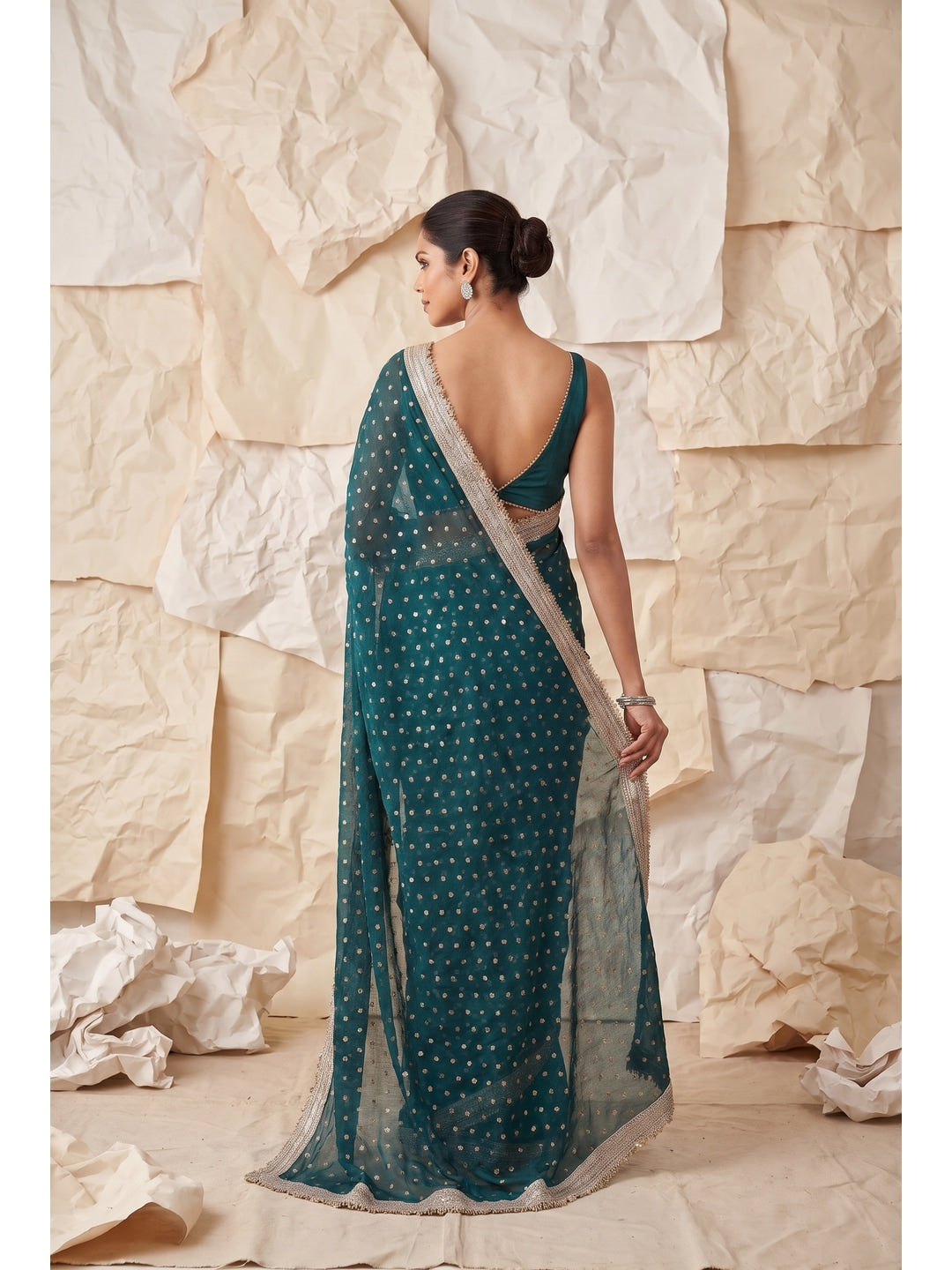 Peachmode Rama Green Foil Work Satin Saree - Image 2