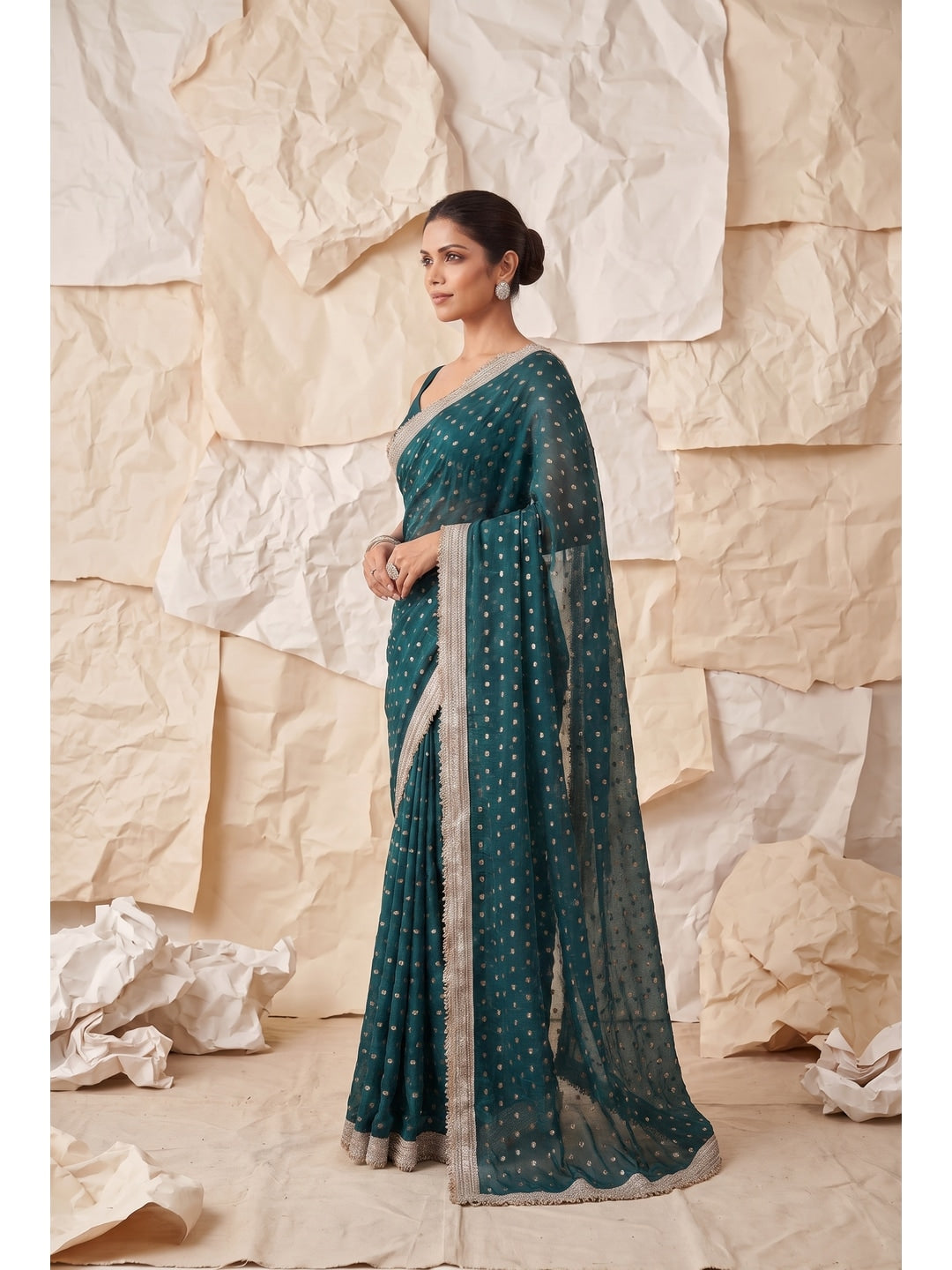 Peachmode Rama Green Foil Work Satin Saree - Image 3