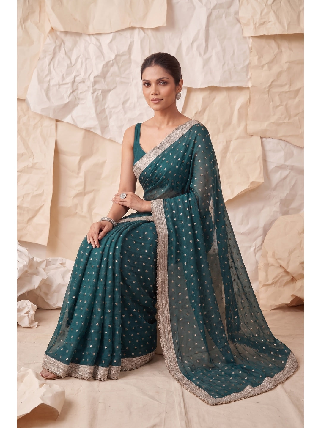Peachmode Rama Green Foil Work Satin Saree - Image 4
