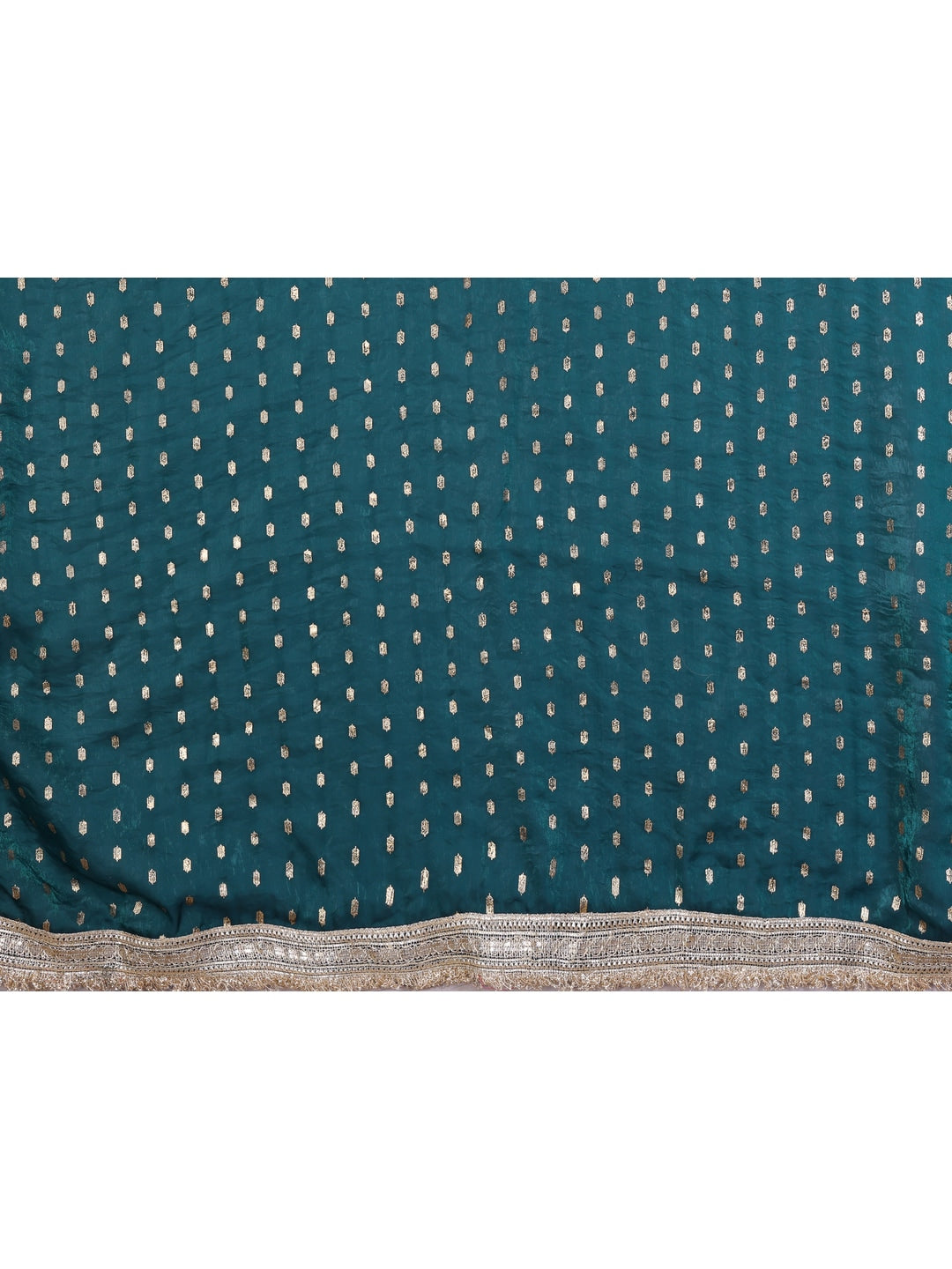 Peachmode Rama Green Foil Work Satin Saree - Image 5
