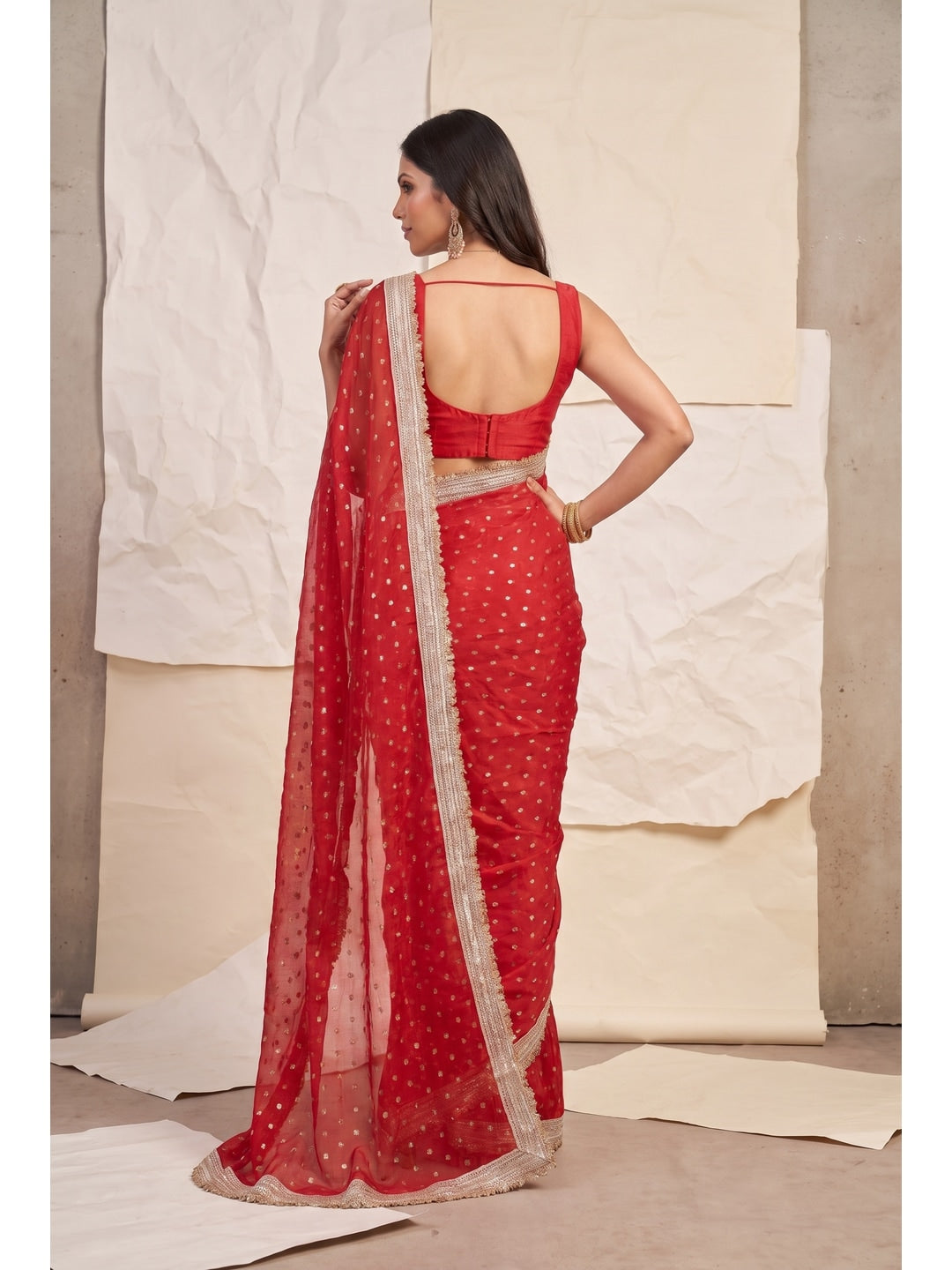 Peachmode Red Foil Work Satin Saree - Image 2