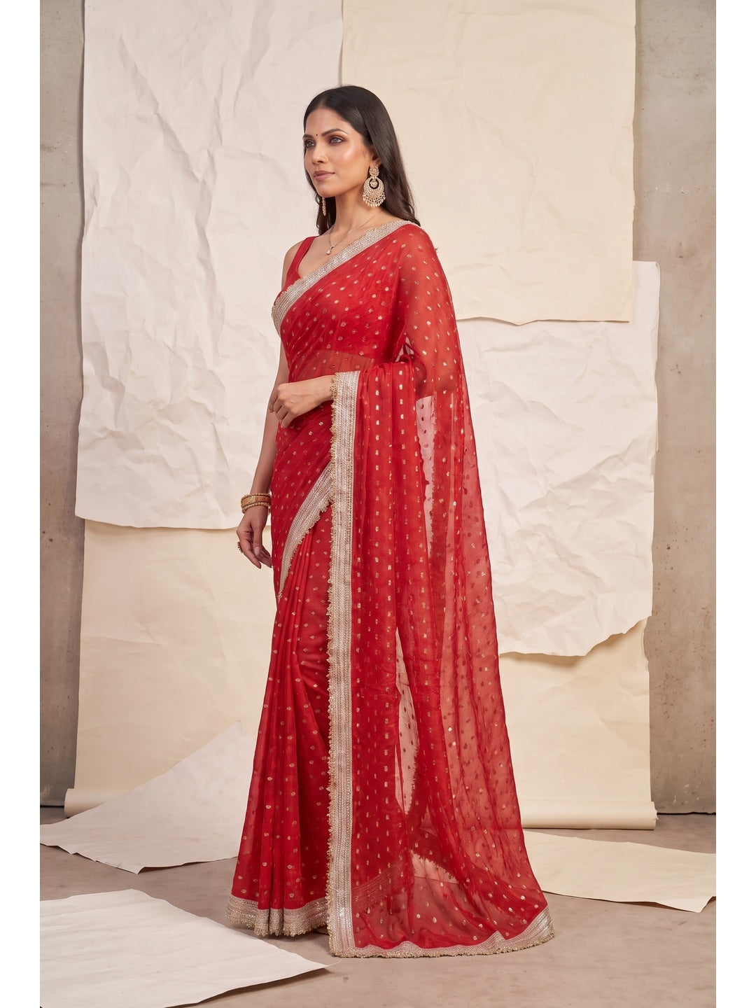 Peachmode Red Foil Work Satin Saree - Image 3