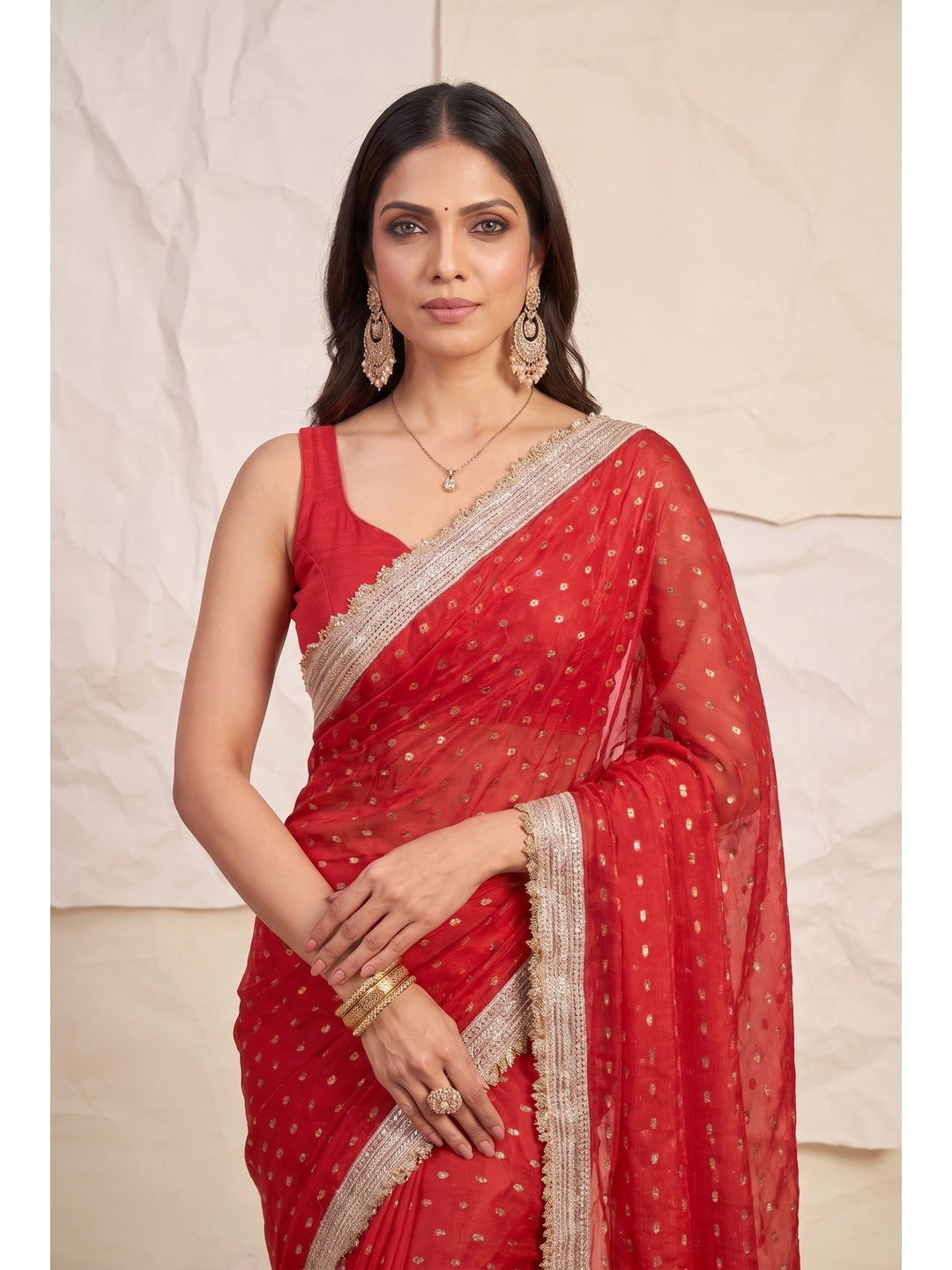 Peachmode Red Foil Work Satin Saree - Image 4