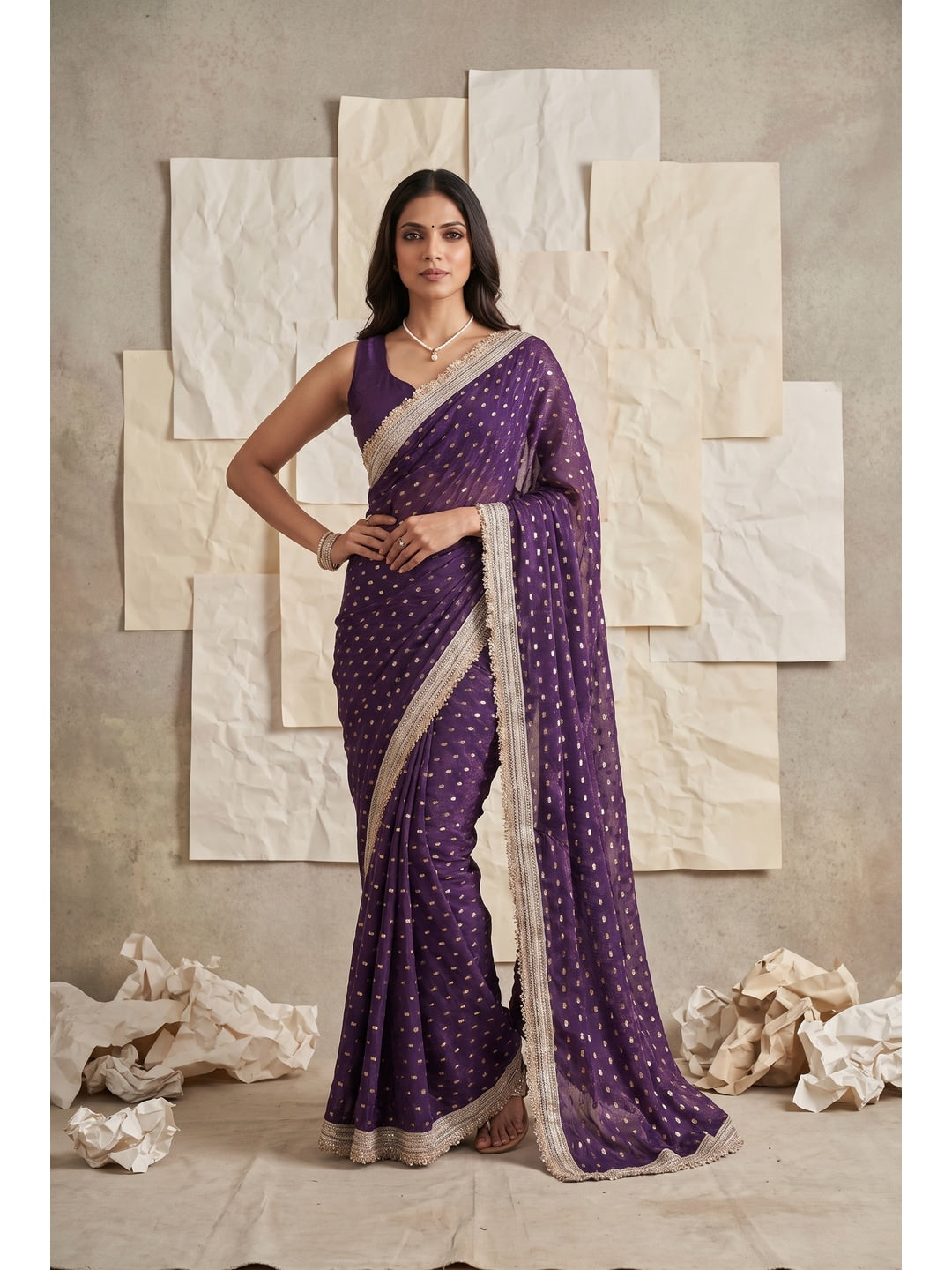 Peachmode Wine Foil Work Satin Saree - Image 1