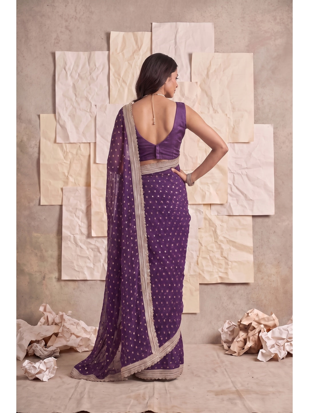 Peachmode Wine Foil Work Satin Saree - Image 2