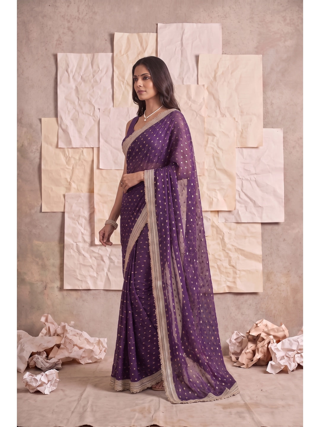 Peachmode Wine Foil Work Satin Saree - Image 3
